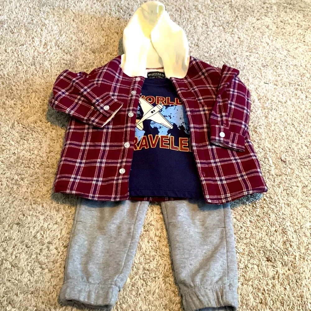 Buffalo David Britton Dark Red Plaid Jacket, Gray Pants, Navy T-Shirt Boys 2T